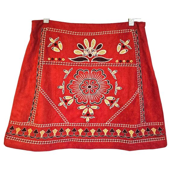 Miami by Francesca's Embroidered Red Rust Western Boho Faux Suede Mini Skirt - Picture 1 of 4